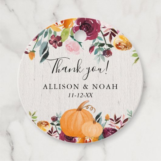 Herfst pompoenen rustieke bloemenbordeaux blos bedankjes labels (Voorkant)