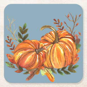Herfst Pompoenen Stof Blauw Kartonnen Onderzetters