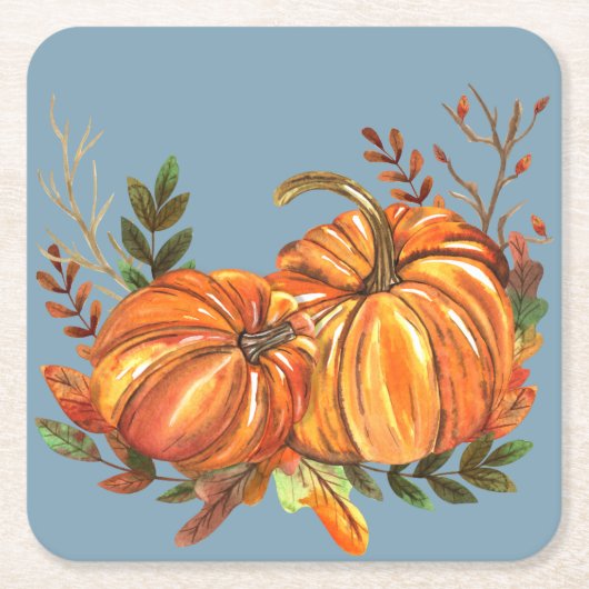 Herfst Pompoenen Stof Blauw Kartonnen Onderzetters (Voorkant)