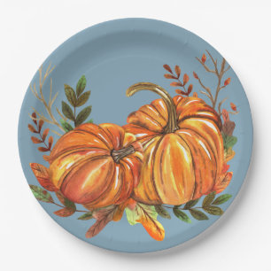 Herfst Pompoenen Stof Blauw Papieren Bordje