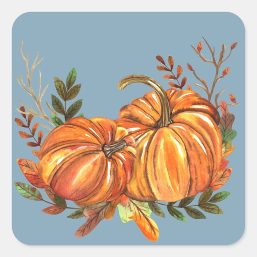 Herfst Pompoenen Stof Blauw Vierkante Sticker (Voorkant)