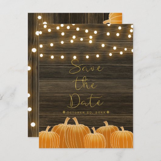 Herfst pompoenen & String Lights Rustic Save the D Aankondigingskaart (Voorkant / Achterkant)