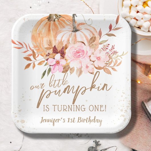 Herfst Pompoenen Waterverf Boho Meisje 1e Verjaard Papieren Bordje