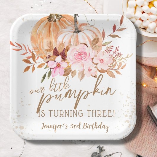 Herfst Pompoenen Waterverf Boho Meisje 3e verjaard Papieren Bordje