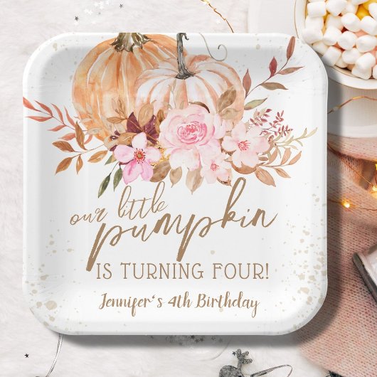 Herfst Pompoenen Waterverf Boho Meisje 4e Verjaard Papieren Bordje