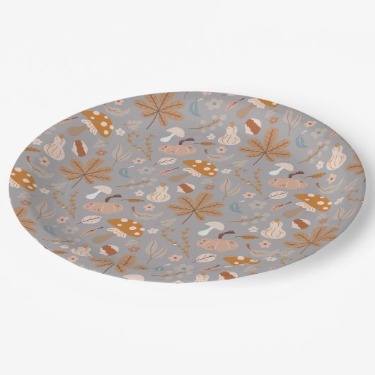 Herfst pompoenveld met valkleppen en paddenstoelen papieren bordje (Gekanteld)