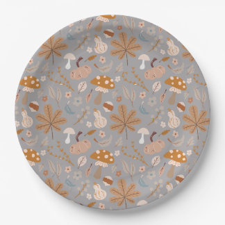 Herfst pompoenveld met valkleppen en paddenstoelen papieren bordje