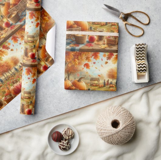 Herfst Pompoenveld Oranje Bladeren Cadeaupapier (Crafts)
