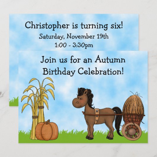 Herfst Pony Verjaardag Uitnodiging - Jongens (Voorkant / Achterkant)