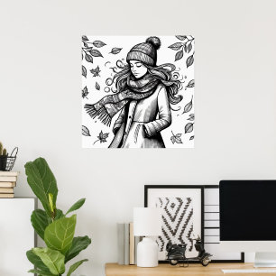 Herfst Poster meisje kleurplaat