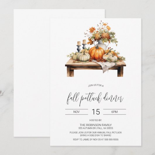 Herfst Potluck Dinner Invitation, Thanksgiving Kaart (Voorkant / Achterkant)