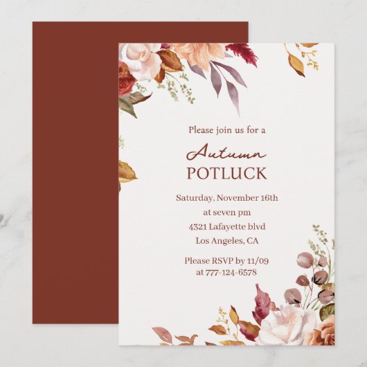 Herfst Potluck Uitnodiging | Waterverf Herfst (Voorkant / Achterkant)