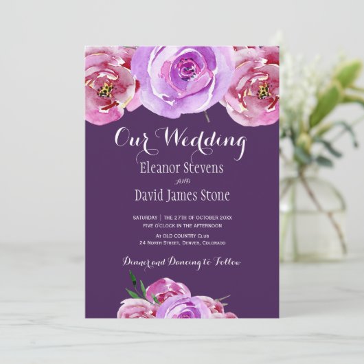 Herfst pruim blush roze lila pioenrozen chique bru kaart (Staand voorkant)