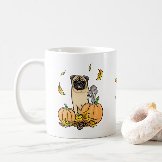 Herfst Pug Dog (fawn) pompoenen luiers Koffiemok (Met donut)