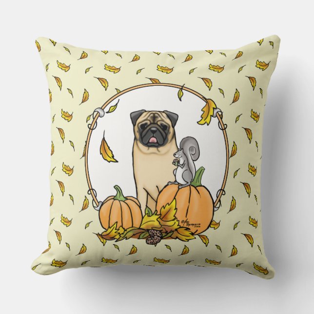 Herfst Pug Dog (fawn) pompoenen luiers Kussen (Voorkant)