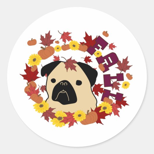 Herfst Pug met bladeren, pompoenen en zonnebloemen Ronde Sticker (Voorkant)