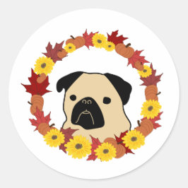 Herfst Pug met bladeren, pompoenen en zonnebloemen Ronde Sticker