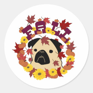 Herfst Pug met bladeren, pompoenen en zonnebloemen Ronde Sticker