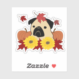 Herfst Pug met bladeren, pompoenen en zonnebloemen Sticker
