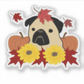 Herfst Pug met bladeren, pompoenen en zonnebloemen Sticker (Voorkant)