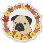 Herfst Pug met bladeren, pompoenen en zonnebloemen Sticker (Voorkant)