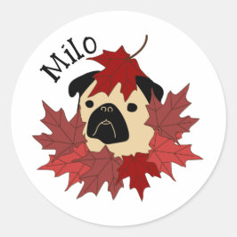 Herfst Pug met bladeren Ronde Sticker