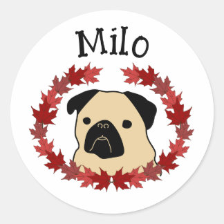 Herfst Pug met Split Leaf Krans Ronde Sticker