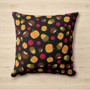Herfst Pumpkin Acorn Chestnut Berries Pattern Blac Kussen