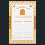 Herfst Pumpkin Baby shower ABC's Game Flyer<br><div class="desc">Dit ontwerp bevat een pompoen en bladeren in valkleuren op een achtergrond van gingham. Coördinerende producten zijn beschikbaar in onze winkel, zazzle.com/doodlelulu*. Neem contact met ons op als je dit ontwerp op een specifiek product wilt toepassen om een overeenkomend object te creëer. Hartelijk dank voor het bekijken van een DoodleLulu...</div>