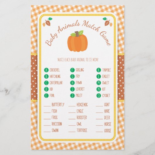 Herfst Pumpkin Baby shower Animal Match Game Flyer (Voorkant)