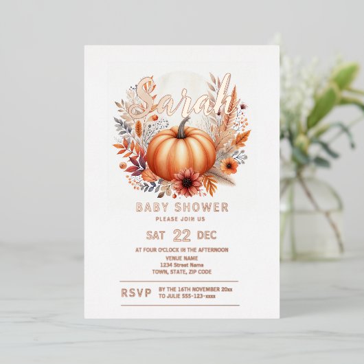Herfst Pumpkin Baby shower Folie Uitnodiging (Staand Voorkant)