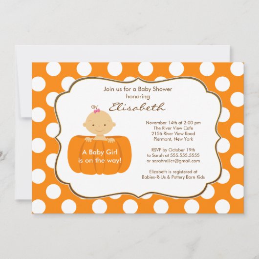 Herfst Pumpkin Baby shower Invitation Girl Kaart (Voorkant)