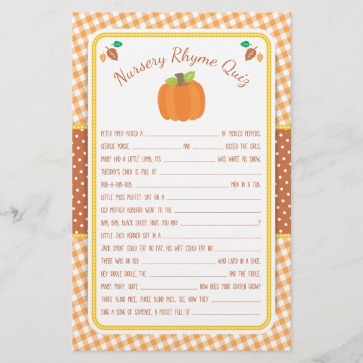 Herfst Pumpkin Baby shower Nursery Rhyme Quiz Game Flyer (Voorkant)