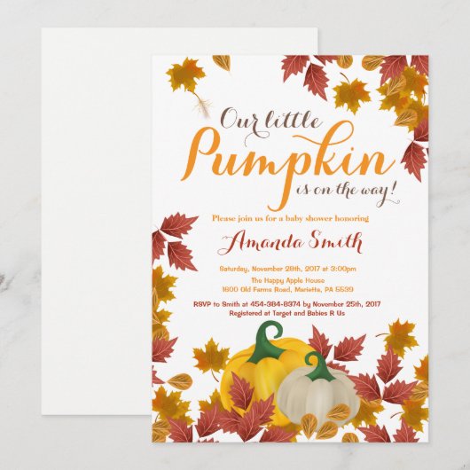 Herfst Pumpkin-Baby shower, uitnodiging (Voorkant / Achterkant)