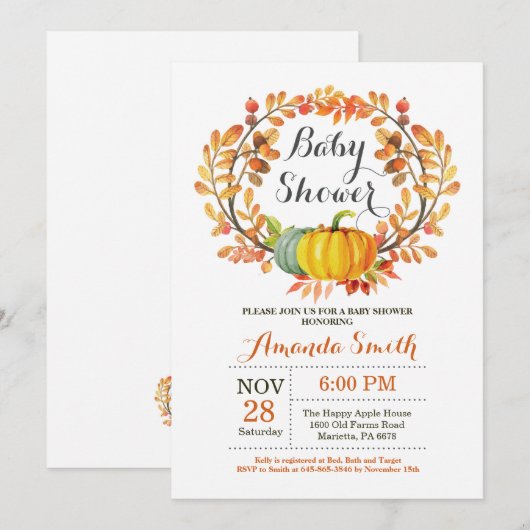 Herfst Pumpkin Baby shower Uitnodiging Kaart (Voorkant / Achterkant)