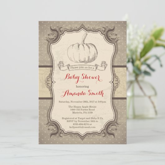 Herfst Pumpkin Baby shower Uitnodiging  Retro (Staand voorkant)