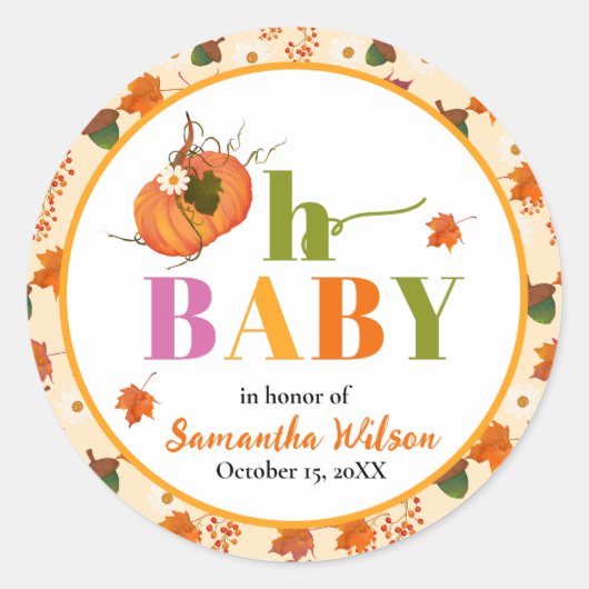 Herfst Pumpkin Baby shower Uitnodiging Ronde Sticker (Voorkant)