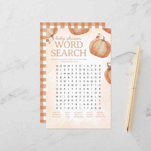 Herfst Pumpkin Baby shower Word Search Game (Voorkant / Achterkant in situ)