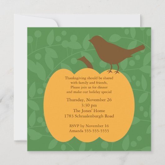Herfst Pumpkin & Bird Thanksgiving Invitation Kaart (Voorkant)
