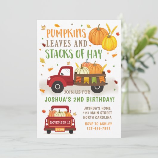 Herfst Pumpkin Birthday Invitation Boy Kaart (Staand voorkant)