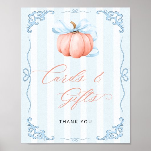 Herfst Pumpkin Blue Bow Kaarten en geschenken Poster (Voorkant)