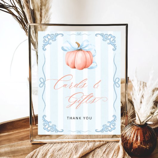 Herfst Pumpkin Blue Bow Kaarten en geschenken Poster