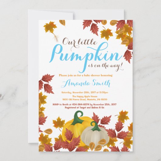 Herfst Pumpkin Blue Boy Baby shower uitnodiging (Voorkant)