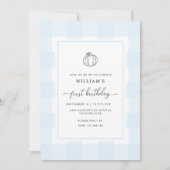 Herfst Pumpkin Blue Gingham 1e verjaardag Uitnodig Kaart (Voorkant)