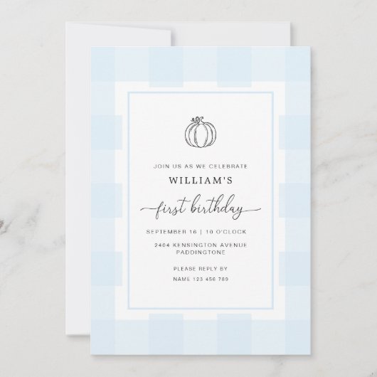 Herfst Pumpkin Blue Gingham 1e verjaardag Uitnodig Kaart (Voorkant)