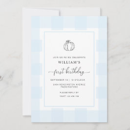 Herfst Pumpkin Blue Gingham 1e verjaardag Uitnodig Kaart