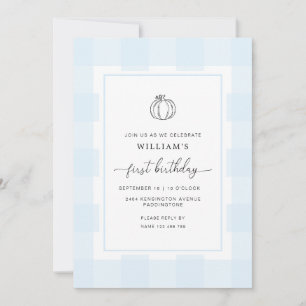 Herfst Pumpkin Blue Gingham 1e verjaardag Uitnodig Kaart