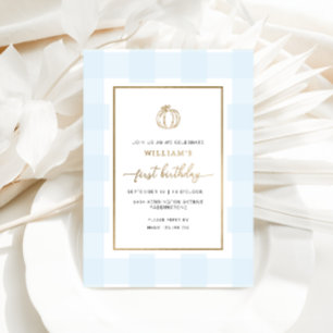 Herfst Pumpkin Blue Gingham Birthday Folie Folie Uitnodiging