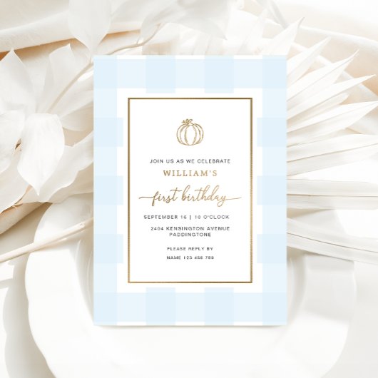 Herfst Pumpkin Blue Gingham Birthday Folie Folie Uitnodiging