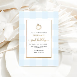 Herfst Pumpkin Blue Gingham Birthday Folie Uitnodiging